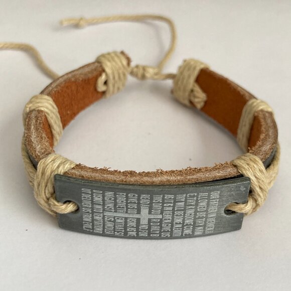 Vintage The Lords Prayer Leather Bracelet Mens Womens Adjustable Rope Catholic - Picture 9 of 10